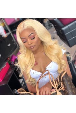 #613 blonde body wave Pre plucked Full lace wig Brazilian virgin human hair--hb818