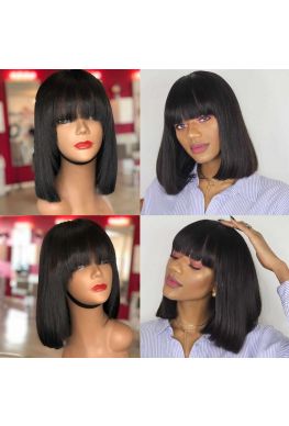 Indian virgin silky straight hair blunt cut bob machine made wig with Chinese bang-hb030