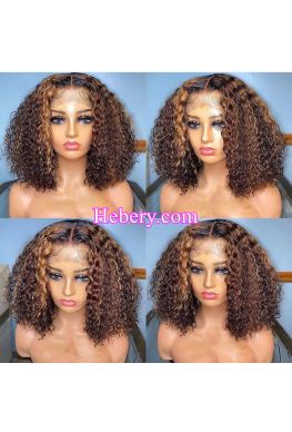 Highlight color Curly bob pre plucked hairline 360 wig Brazilian virgin human hair bleached knots--hb367