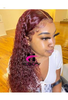 Pre-plucked dark red curly 360 wig Brazilian virgin bleached knots--hb328