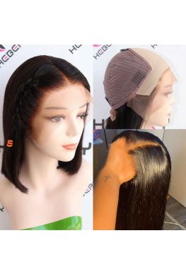 Fake scalp Pre-made lace front bob wig Pre-plucked Brazilian virgin human hair bleached knots--hf002