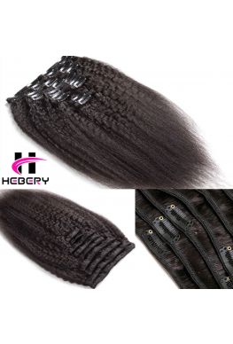Kinky straight clips in hair extensions Brazilian virgin human hair--hc05