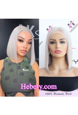 Silver grey Blunt Cut Straight Bob 100% Human Hair Lace Front Wig--hb233