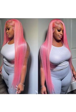 Pink Color Silk Straight Glueless Lace Front Human Hair Wig--hb902
