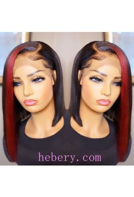 Red hightlights bob 13x6 wig side parting Pre plucked Glueless Lace front 150% density Brazilian virgin human hair--hb945