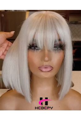 Silver toned Bob glueless lace front wig with bangs Brazilian virgin human hair--hb429